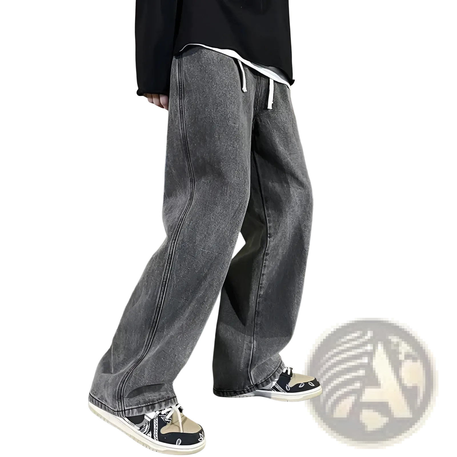 Wide leg jeans men loose korean streetwear denim in grey with faded wash and white drawstrings