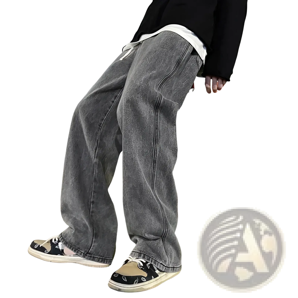 Grey wide-leg denim jeans for men with faded wash and visible stitching in Korean streetwear style