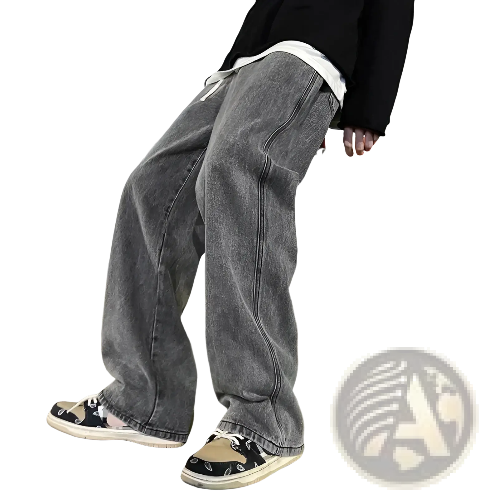 Grey wide-leg denim jeans for men with faded wash and visible stitching in Korean streetwear style