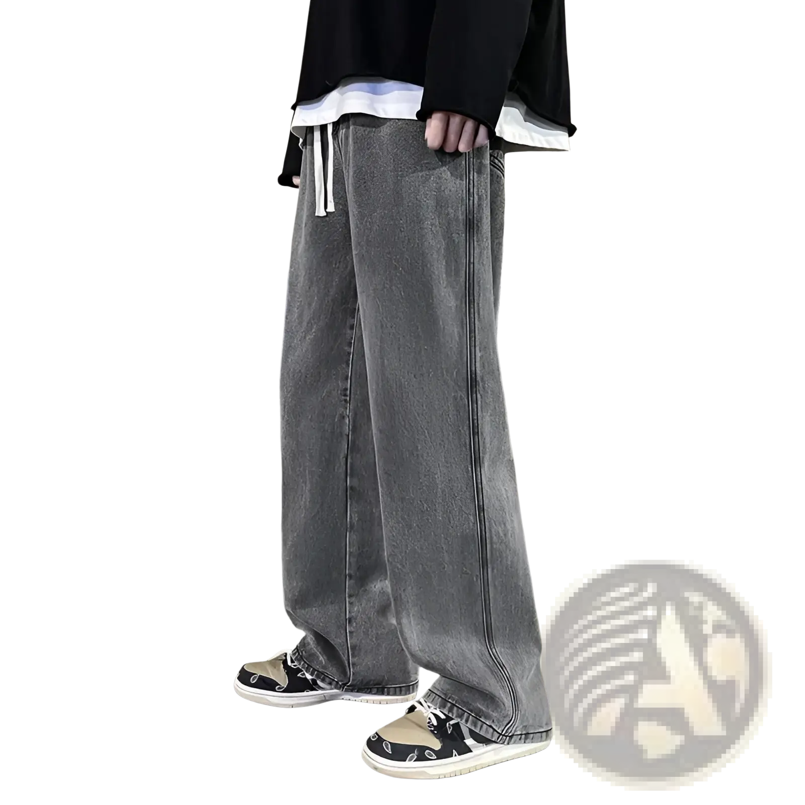 Grey wide leg denim pants with white drawstrings featuring a relaxed fit in korean streetwear style for men