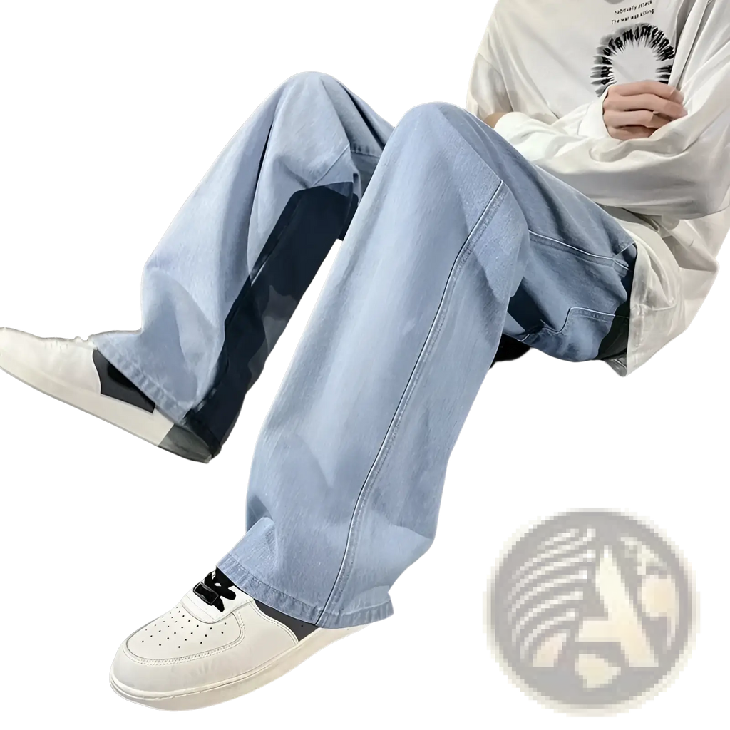 Wide leg jeans men loose korean streetwear denim in light wash with dark blue patchwork panels on outer leg seams