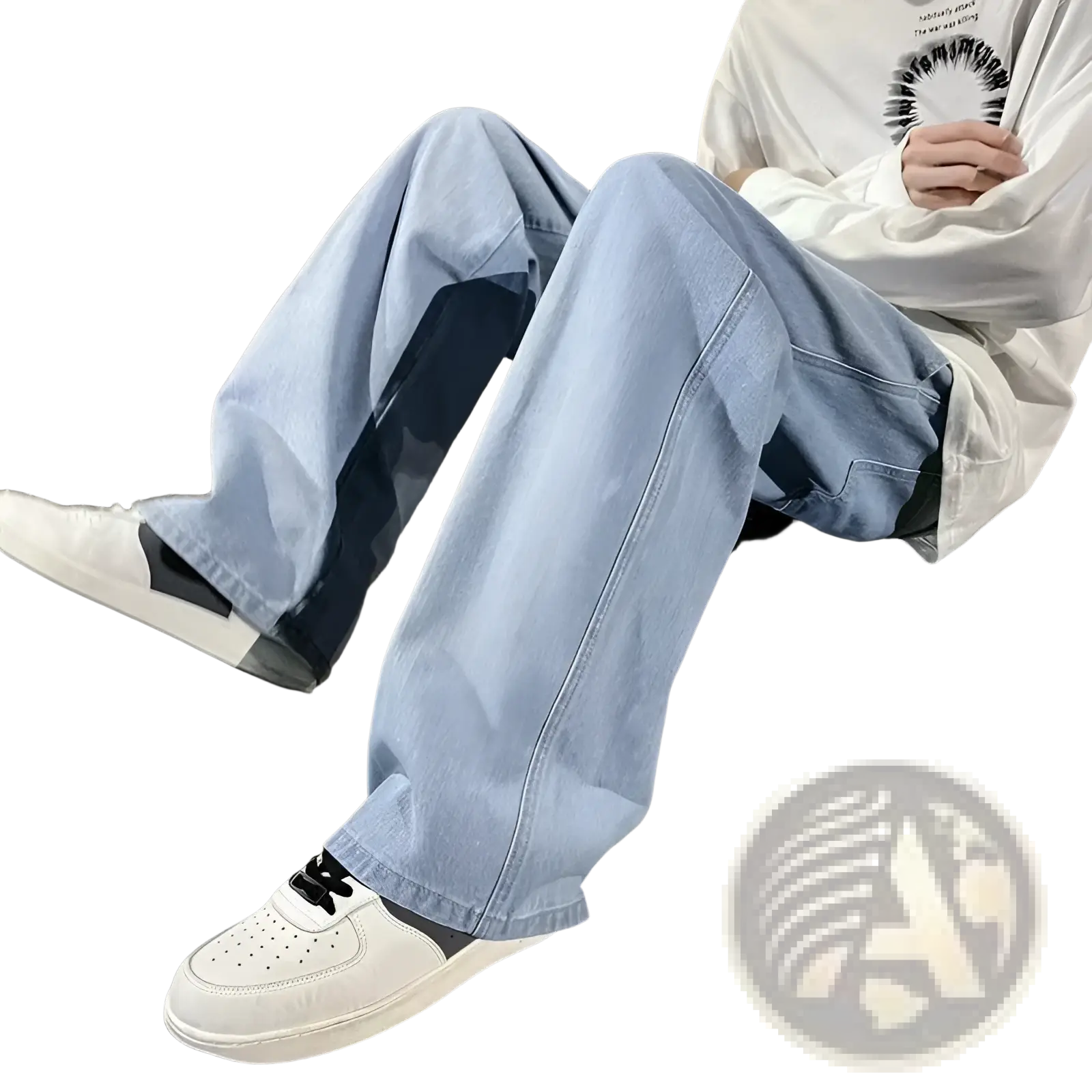 Wide leg jeans men loose korean streetwear denim in light wash with dark blue patchwork panels on outer leg seams