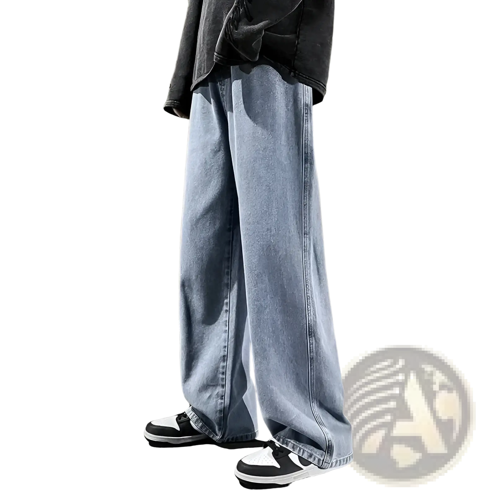 Light-wash denim wide-leg jeans for men with a loose relaxed straight-cut silhouette korean streetwear style