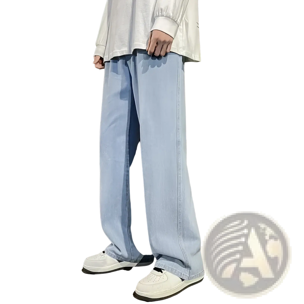 Light-wash denim wide-leg jeans for men with a loose fit and relaxed straight-cut silhouette in Korean streetwear style