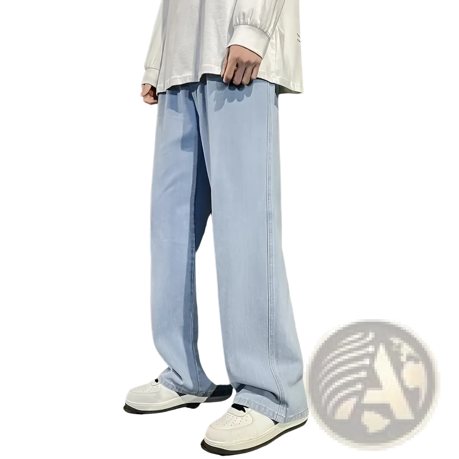 Light-wash denim wide-leg jeans for men with a loose fit and relaxed straight-cut silhouette in Korean streetwear style