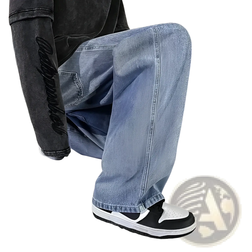 Light-wash denim wide leg jeans for men with a loose Korean streetwear style and subtle fading