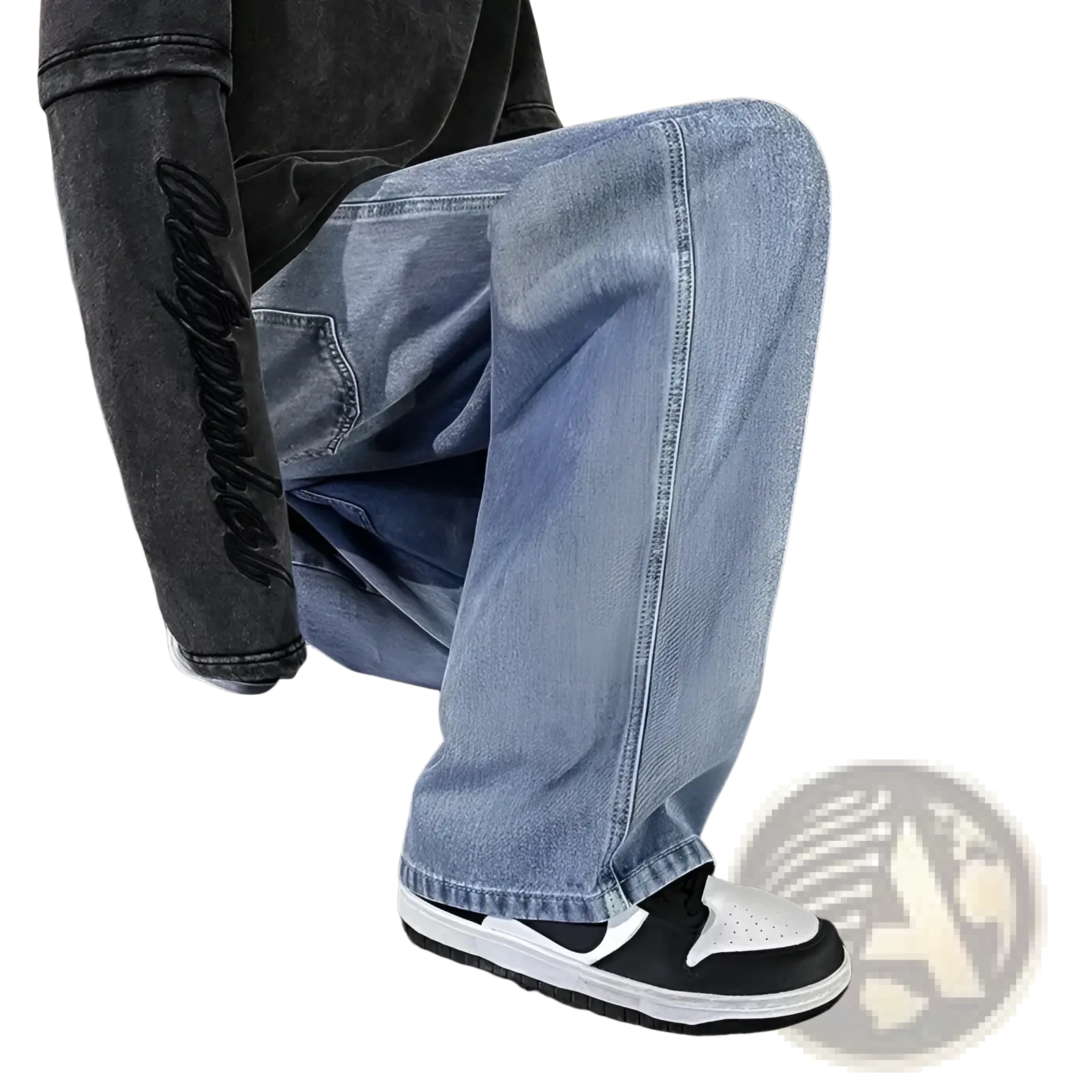 Light-wash denim wide leg jeans for men with a loose Korean streetwear style and subtle fading