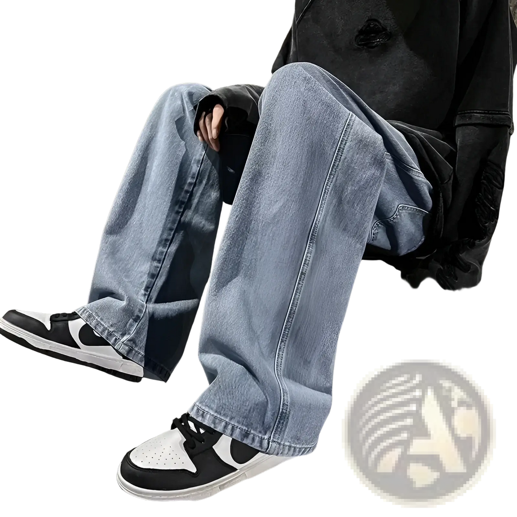 Light-wash denim wide leg jeans for men with relaxed straight-leg cut and visible stitching in Korean streetwear style