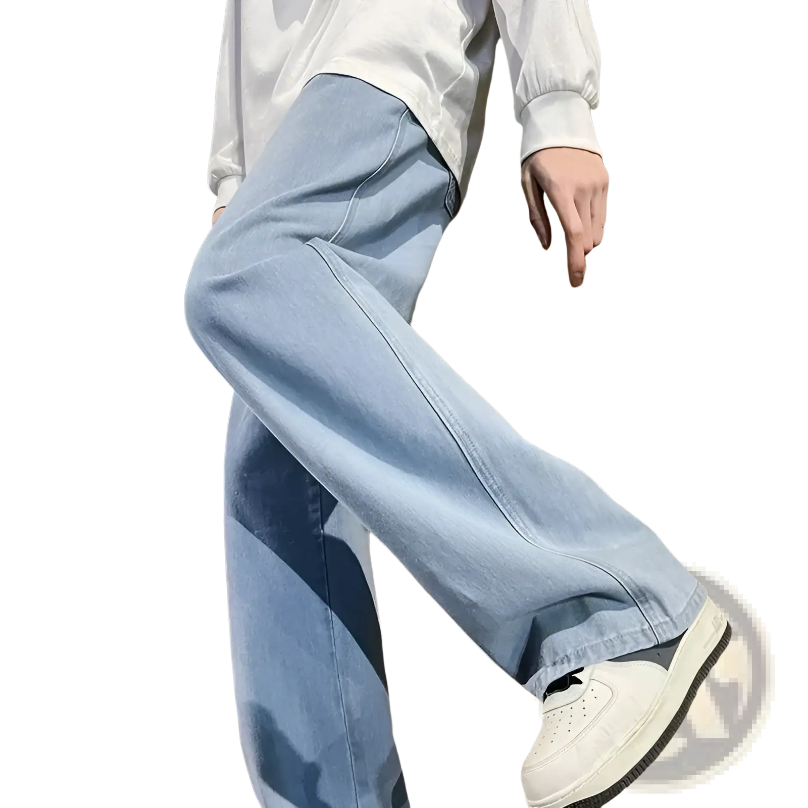 Light-wash denim wide leg jeans for men with a relaxed loose fit in korean streetwear style