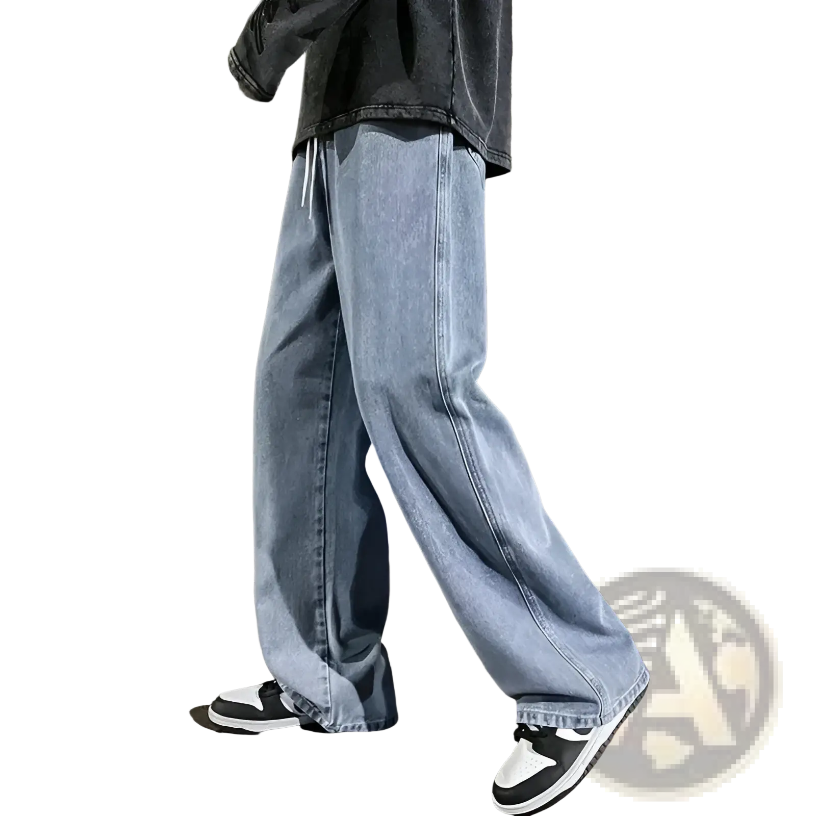 Light-wash denim wide leg jeans for men with a relaxed fit and visible stitching in korean streetwear style