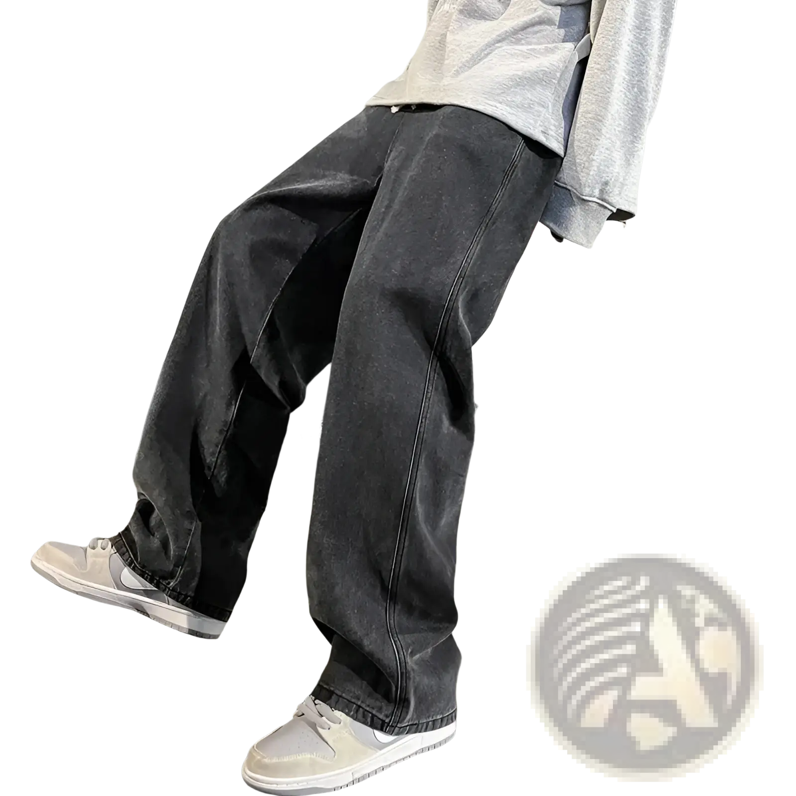 Wide leg jeans for men in dark gray faded denim with loose fit and visible stitching for Korean streetwear style