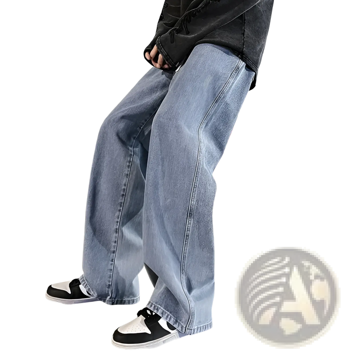 Light-wash denim wide leg jeans for men with a relaxed straight-leg cut and visible stitching details