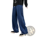 Dark blue denim wide leg jeans for men with a relaxed loose korean streetwear style and comfortable fit