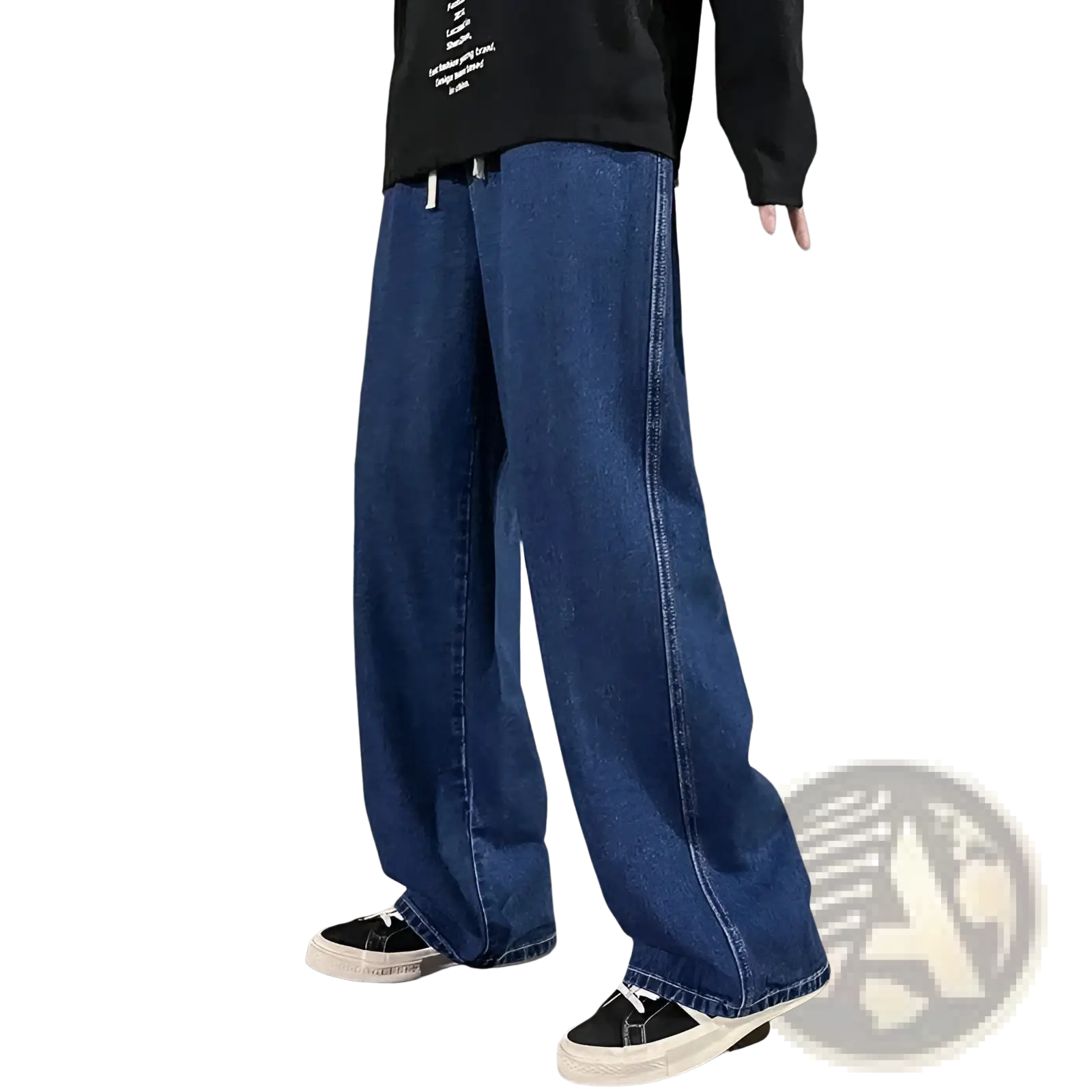 Dark blue denim wide leg jeans for men with a relaxed loose korean streetwear style and comfortable fit