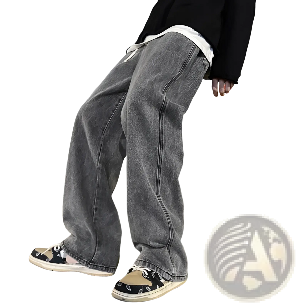 Wide leg jeans men loose korean streetwear denim in washed gray with wide-leg relaxed fit and visible stitching