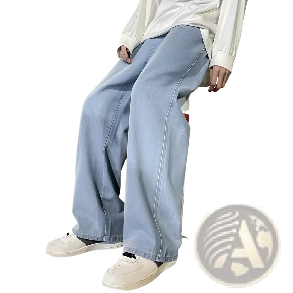 Light-wash denim wide-leg jeans for men with a loose Korean streetwear style and relaxed straight-cut silhouette