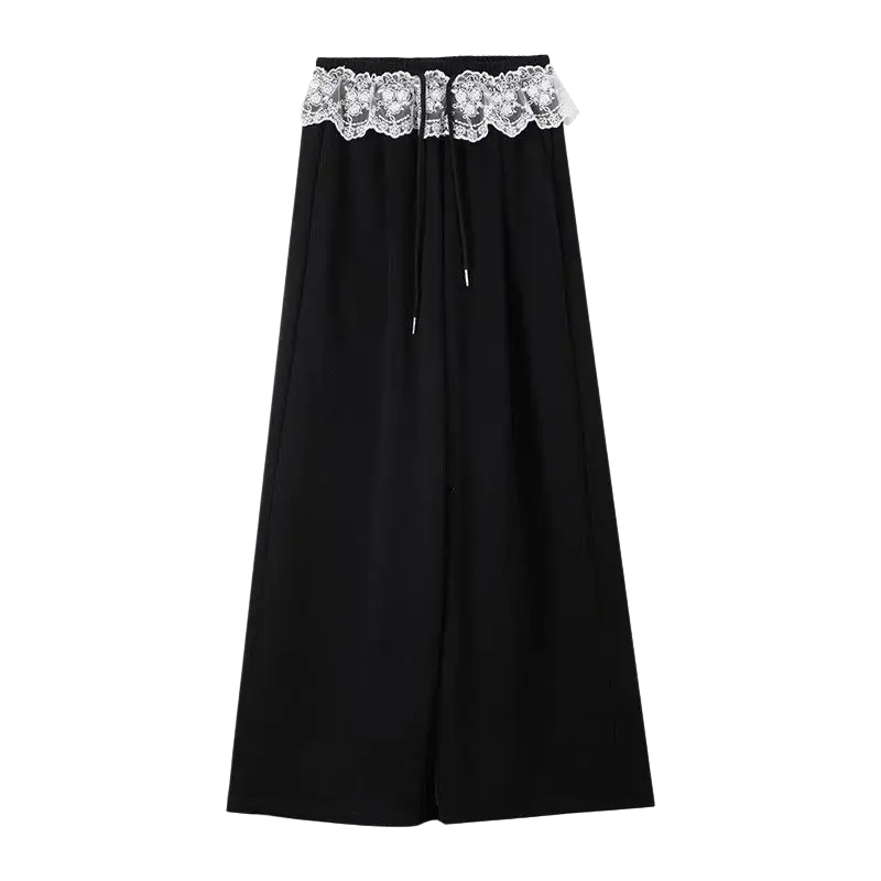 Black wide leg chiffon pants with delicate white lace trim at the waistband and a drawstring closure modname=ckeditor