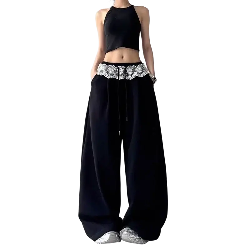Black wide leg chiffon pants with decorative white lace waistband featuring modname=ckeditor design