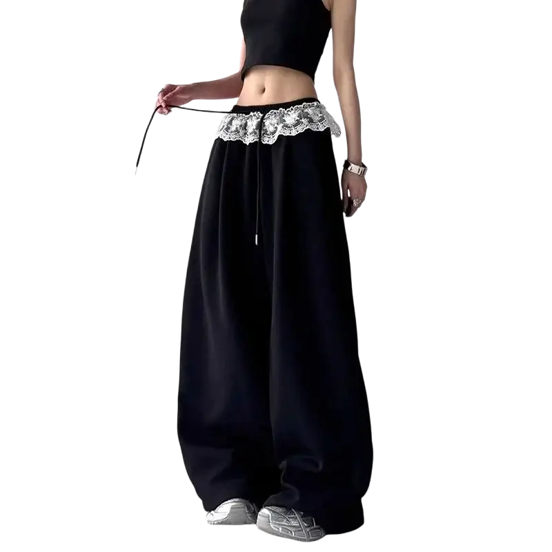Black wide leg chiffon pants with delicate white lace trim waistband modname=ckeditor for elegant wear