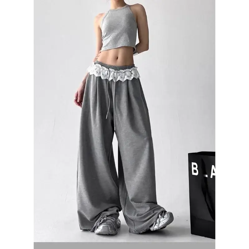 Gray wide-leg sweatpants with white lace trim waistband contrasted with black chiffon wide leg lace trim pants modname=ckeditor