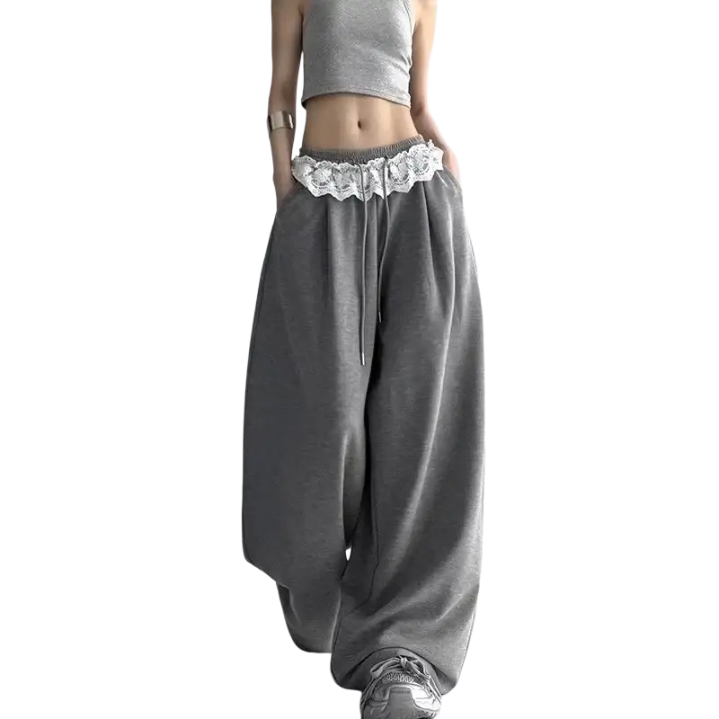 Gray wide leg chiffon pants featuring a white lace trim at the waistband for a stylish modname=ckeditor look