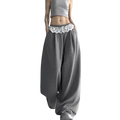 Wide leg chiffon pants black with gray sweatpants featuring white lace trim at the waistband modname=ckeditor