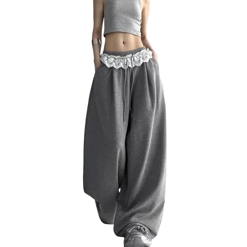 Wide leg chiffon pants black with gray sweatpants featuring white lace trim at the waistband modname=ckeditor
