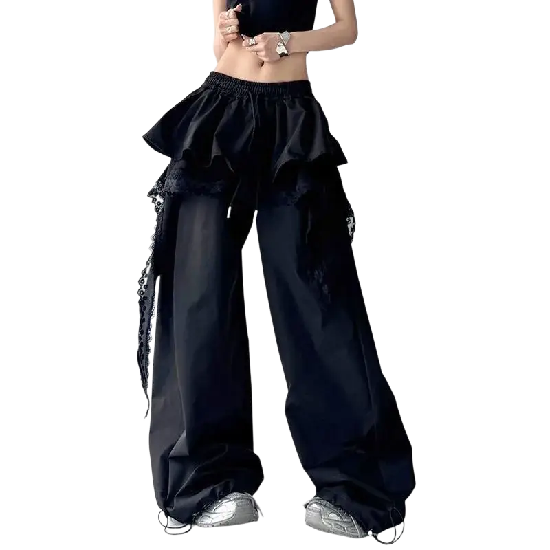 Black wide leg ruffled cargo pants with lace trim and drawstring waistband for stylish casual wear