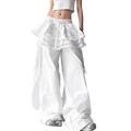 White wide leg ruffled trousers with lace trim detail at the waistband for elegant casual wear