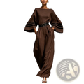 Brown satin wide-leg jumpsuit with black striped cuffs and matching belt highlighting elegant design