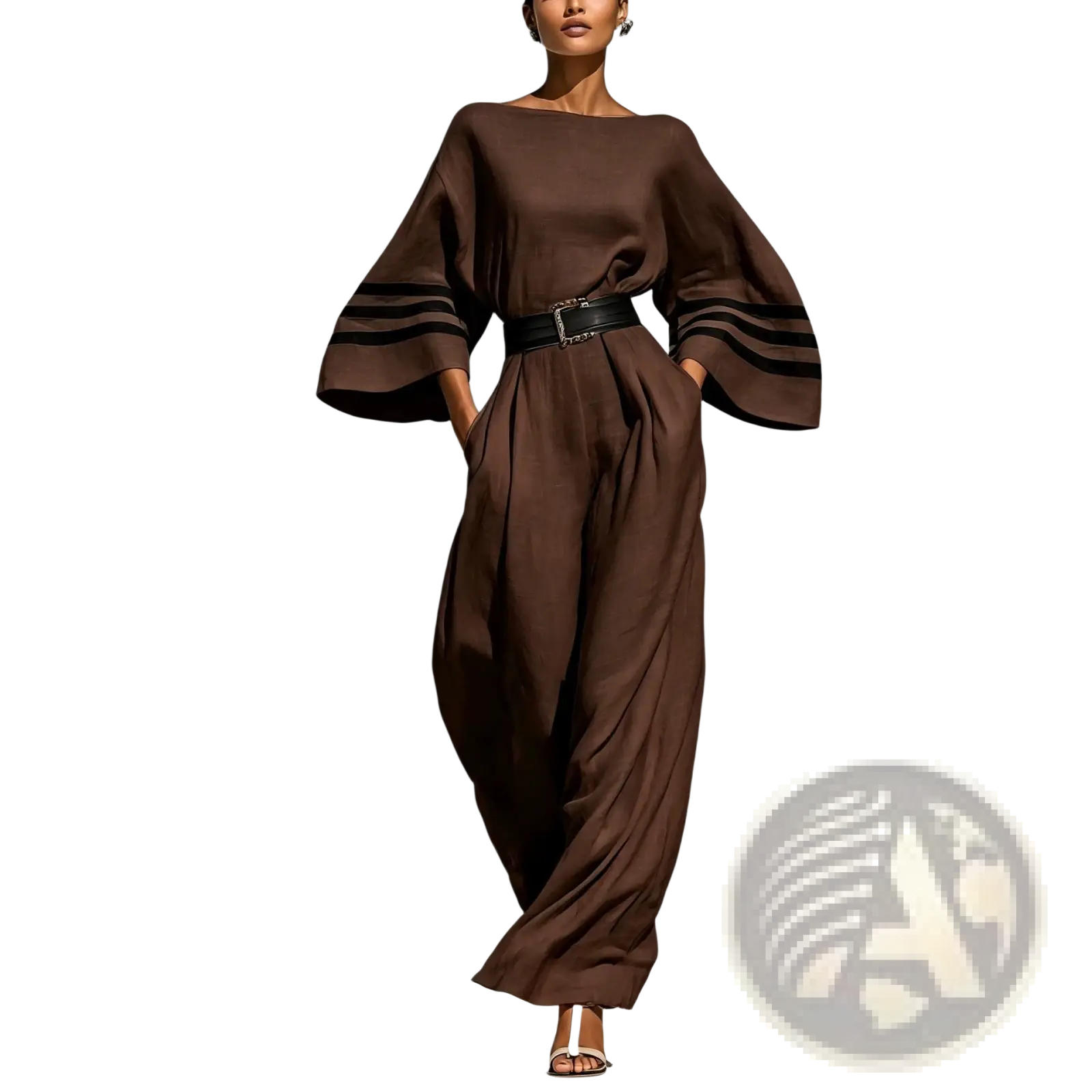 Brown satin wide-leg jumpsuit with black striped cuffs and matching belt highlighting elegant design