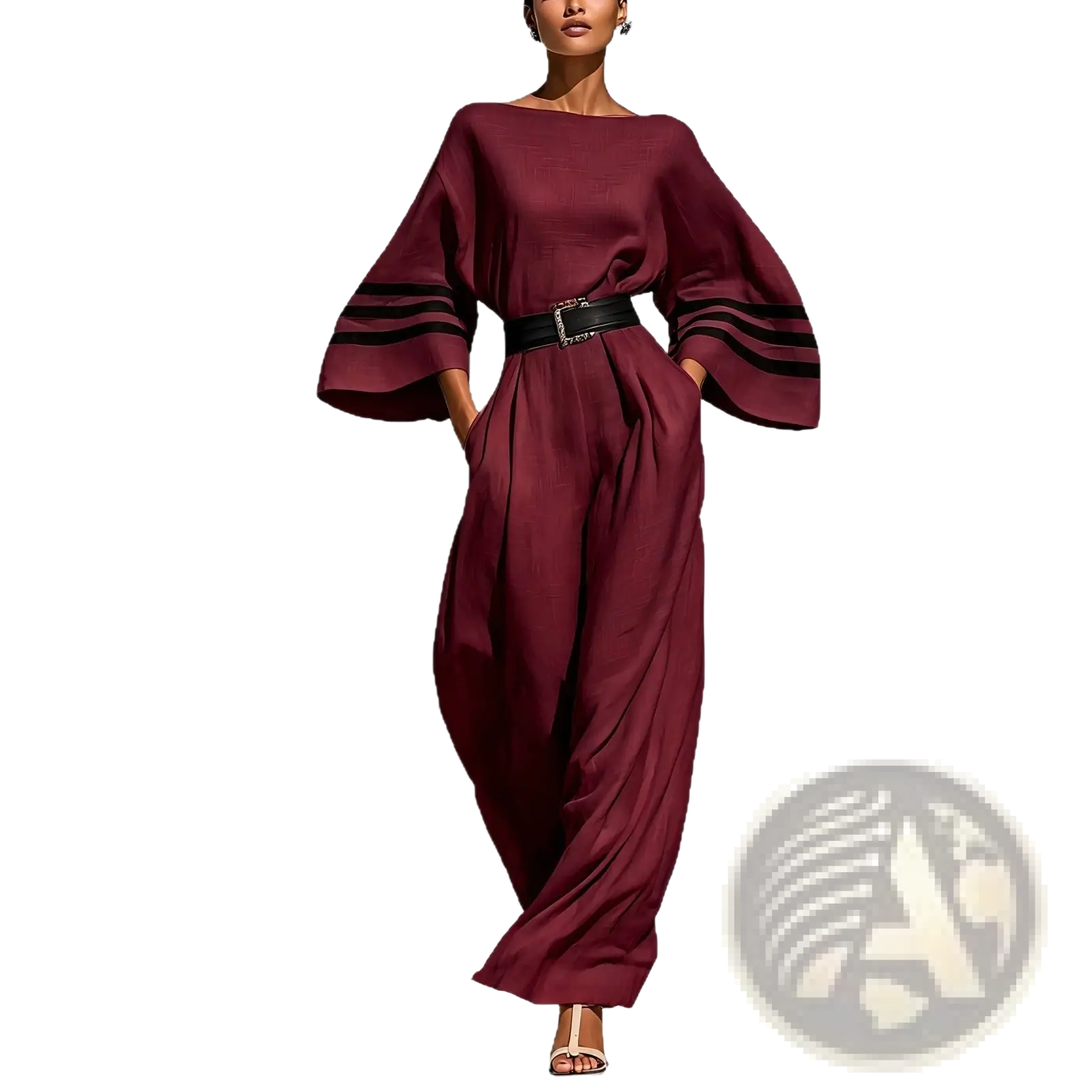 A flowing maroon wide-leg linen jumpsuit with bell-shaped sleeves, black stripes, and a matching belt