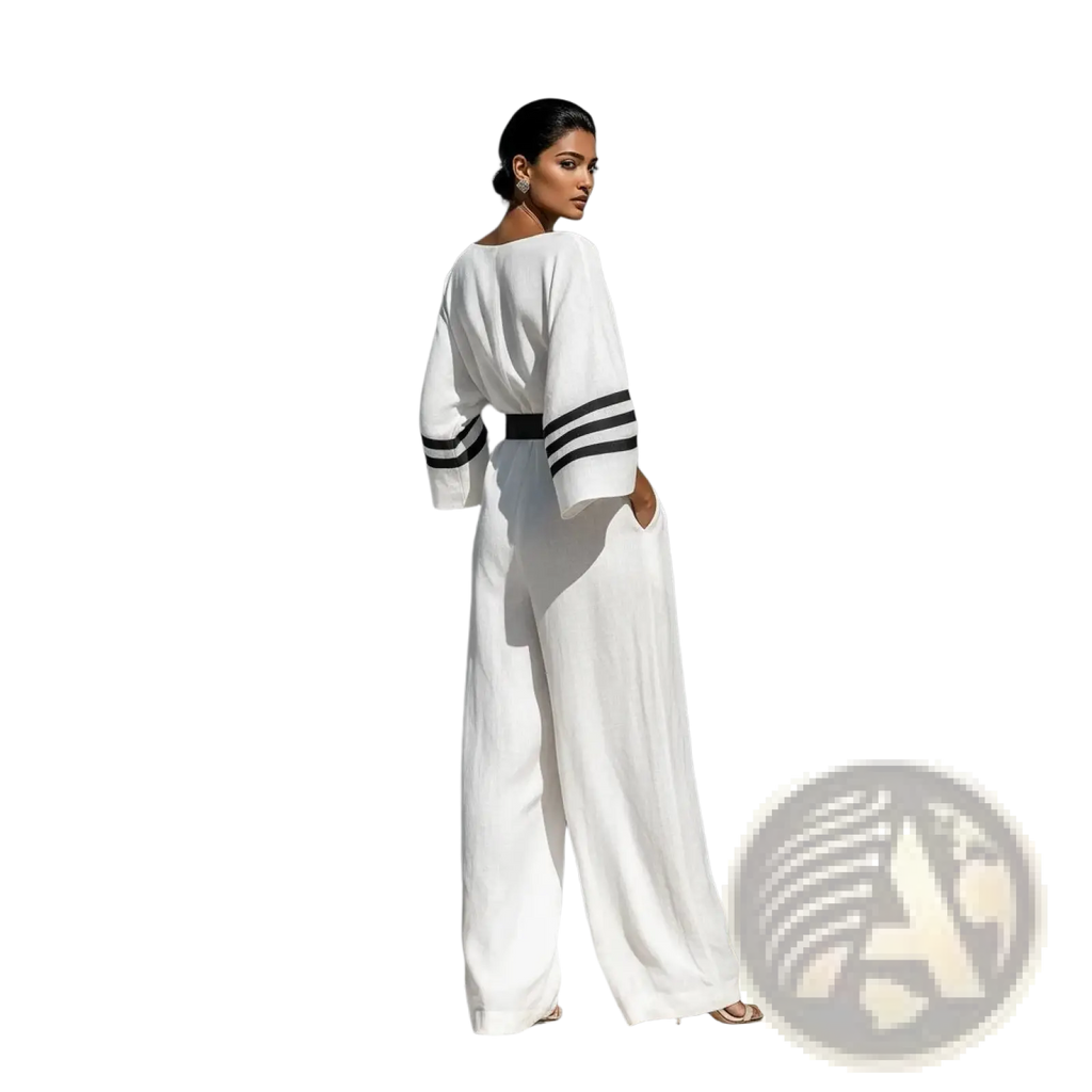 White wide-leg linen jumpsuit with black striped cuffs and matching belt showcasing elegant tailoring