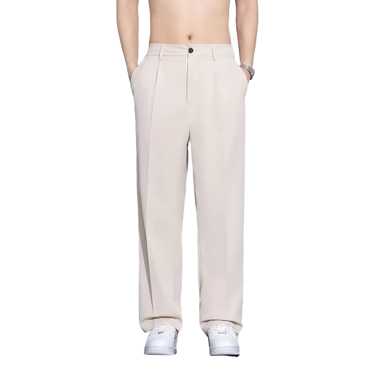 Beige wide leg mens suit pants with pleated design loose fit and subtle stitching details for casual wear