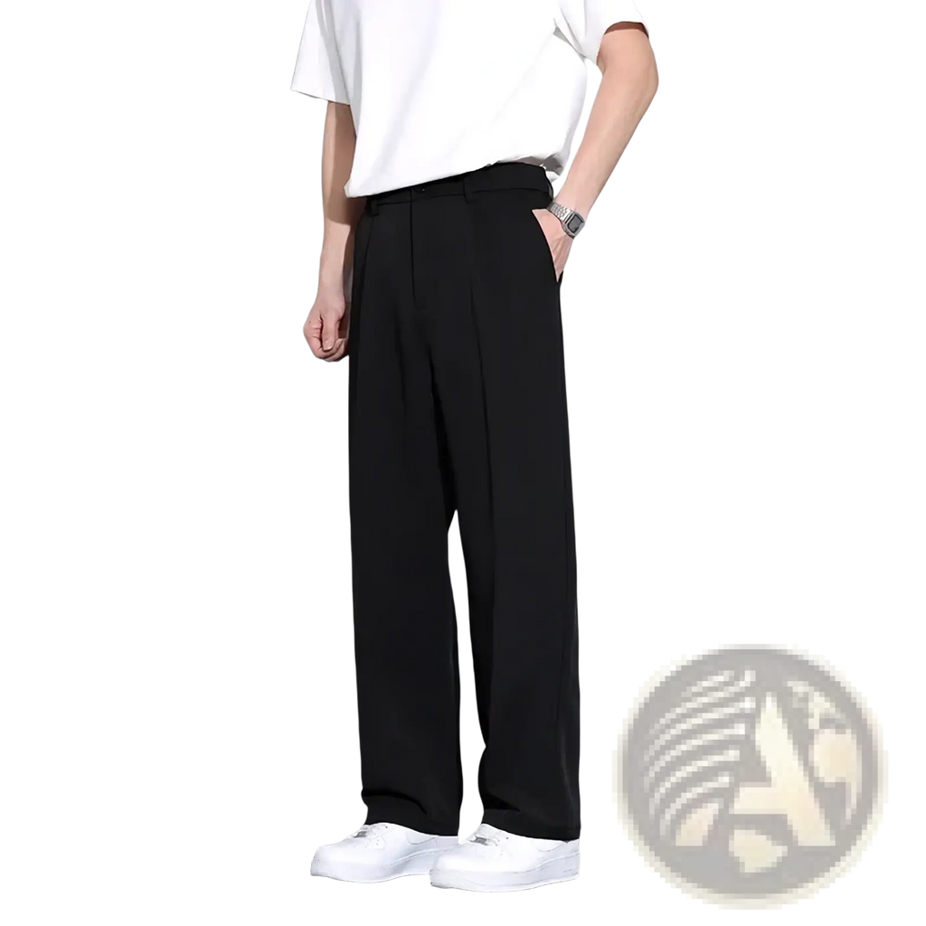 Black wide leg mens suit pants with straight leg, minimalist design, and subtle pleats at the waistband for casual wear