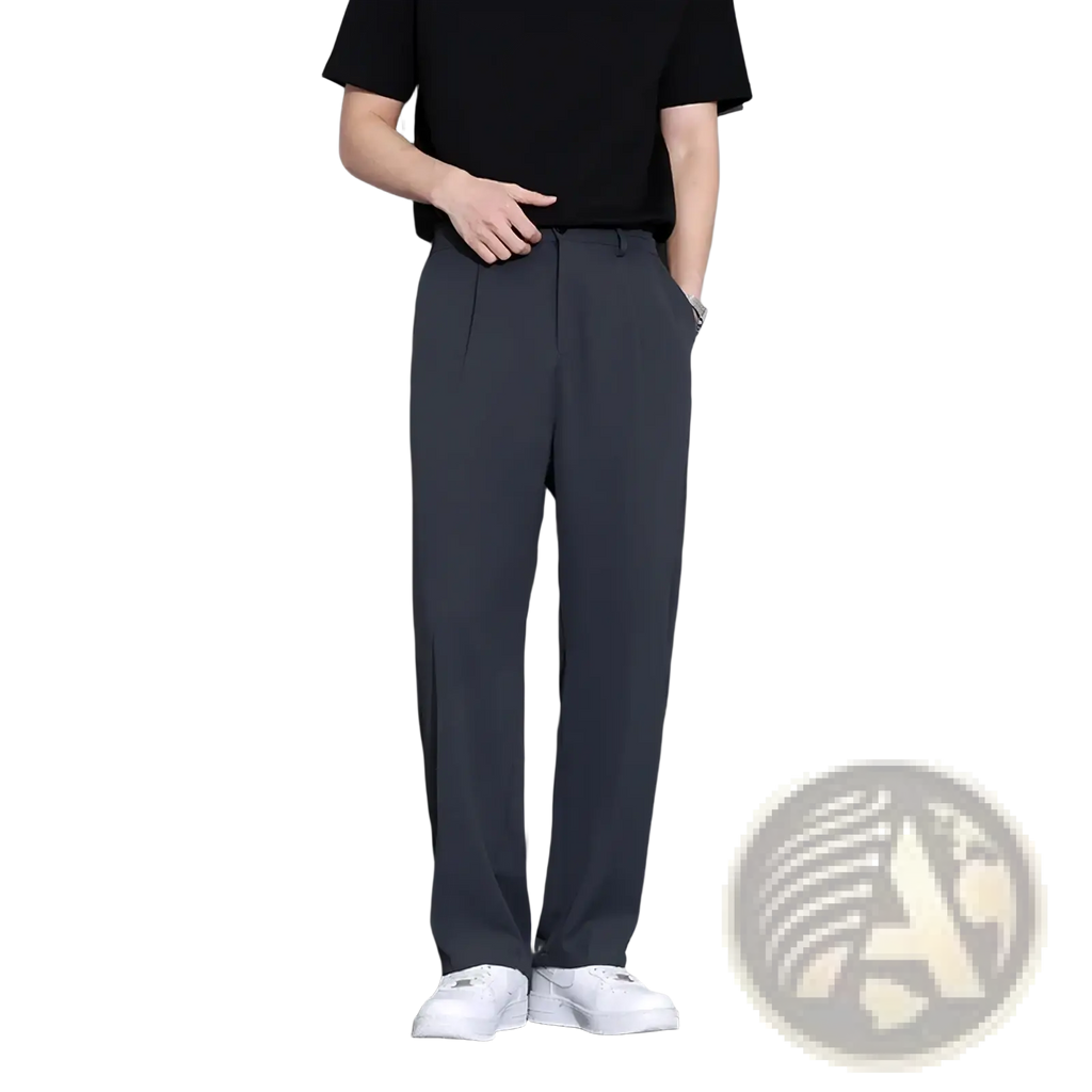 Dark gray straight-leg mens suit pants with sleek modern cut and subtle pleats at the waistband for casual wear