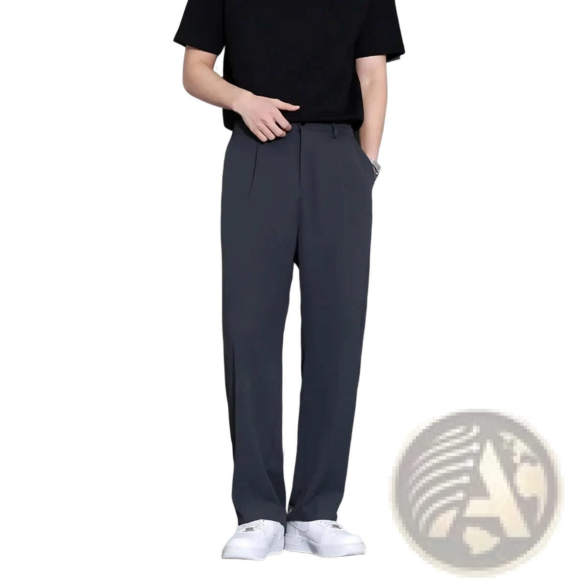 Dark gray straight-leg mens suit pants with sleek modern cut and subtle pleats at the waistband for casual wear