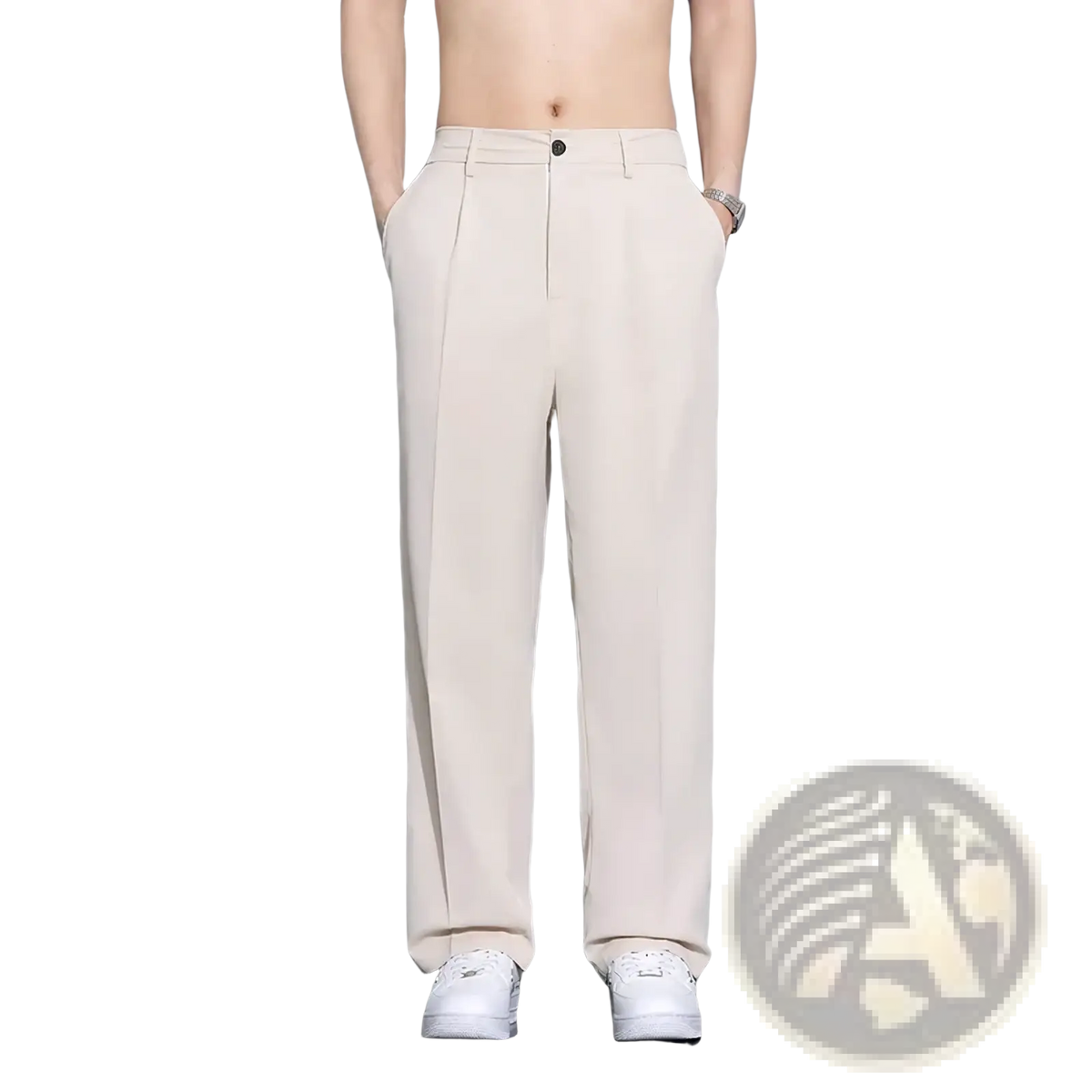 Beige wide leg mens suit pants with pleated design loose fit and subtle stitching details for casual wear
