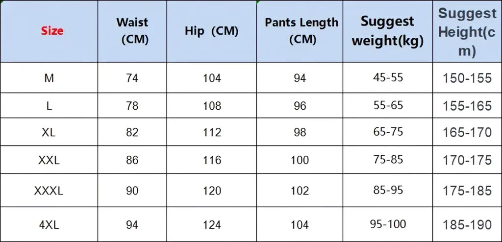 The table shows size charts with measurements in centimeters and weight ranges for wide leg mens suit pants loose fit trousers