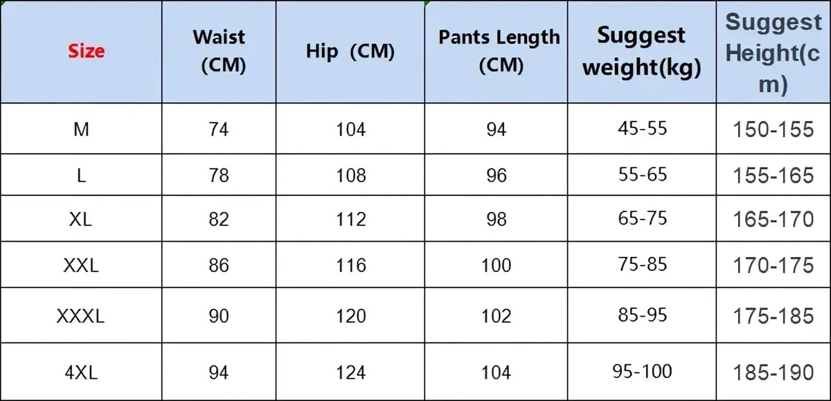 The table shows size charts with measurements in centimeters and weight ranges for wide leg mens suit pants loose fit trousers