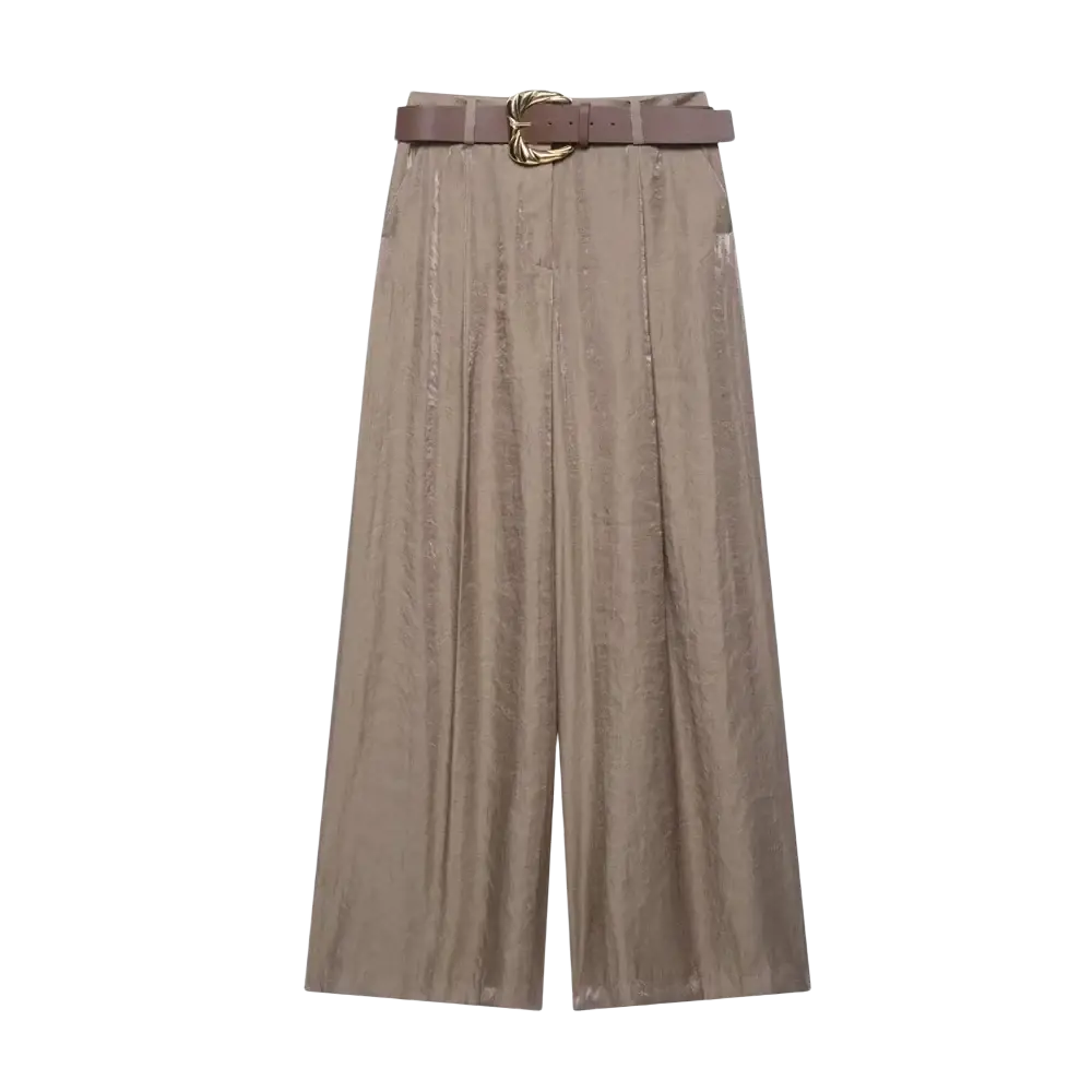 Beige wide leg pleated trousers for women with matching belt and gold toned twisted buckle in yellow tone