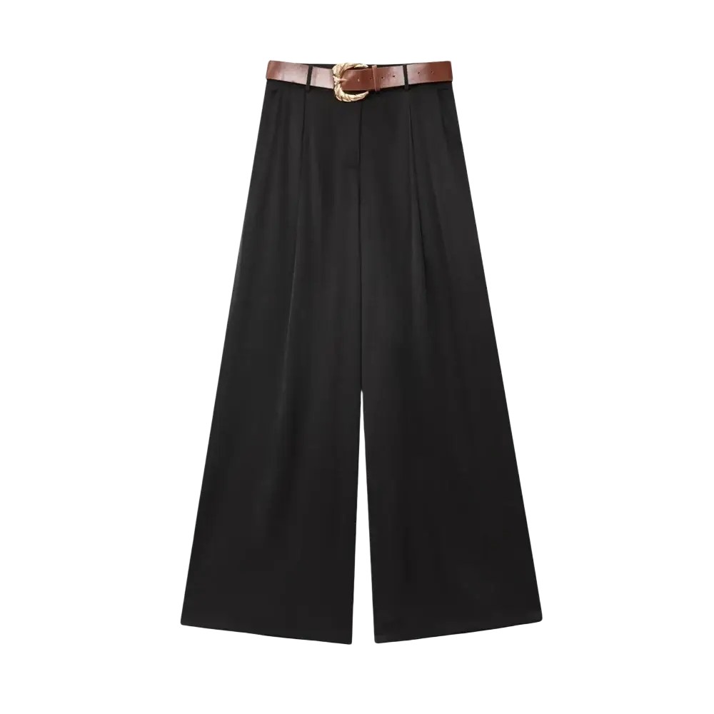 Black high-waisted wide leg trousers with brown leather belt and ornate gold-toned buckle for women wide leg pants