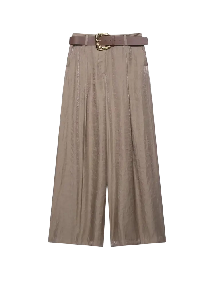 Tan wide leg pants with subtle metallic sheen and vertical pleats, paired with matching brown belt and gold buckle