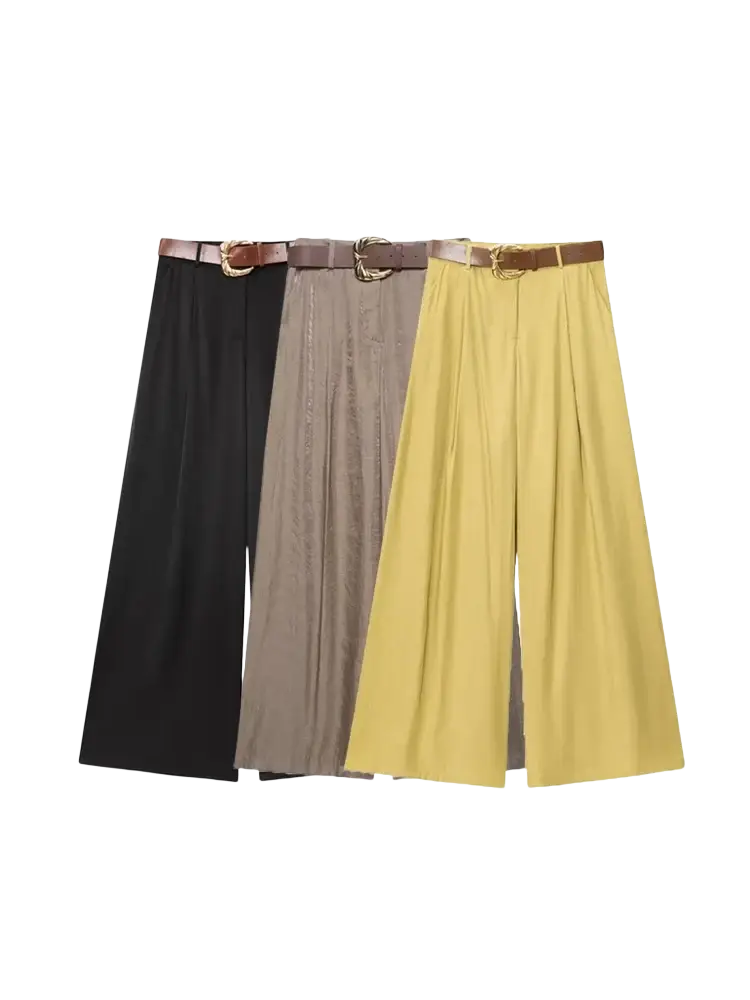 Three wide leg pleated trousers in black beige and mustard yellow with matching brown belts and gold buckles