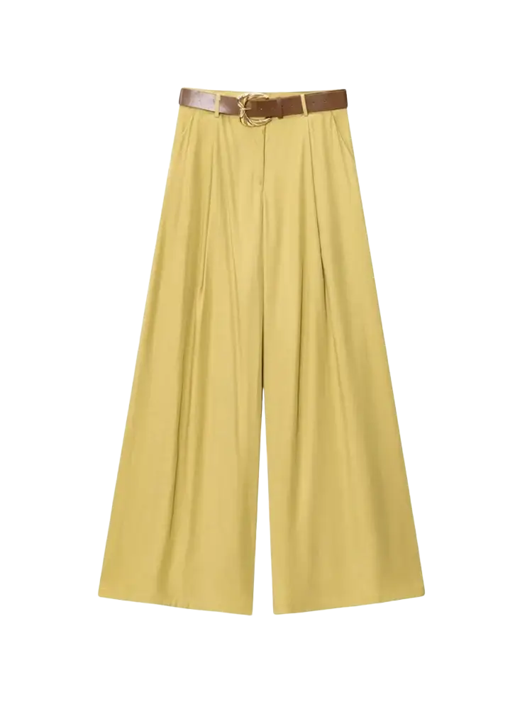 Yellow wide leg pants for women with a brown belt and gold toned buckle suitable for casual or formal wear