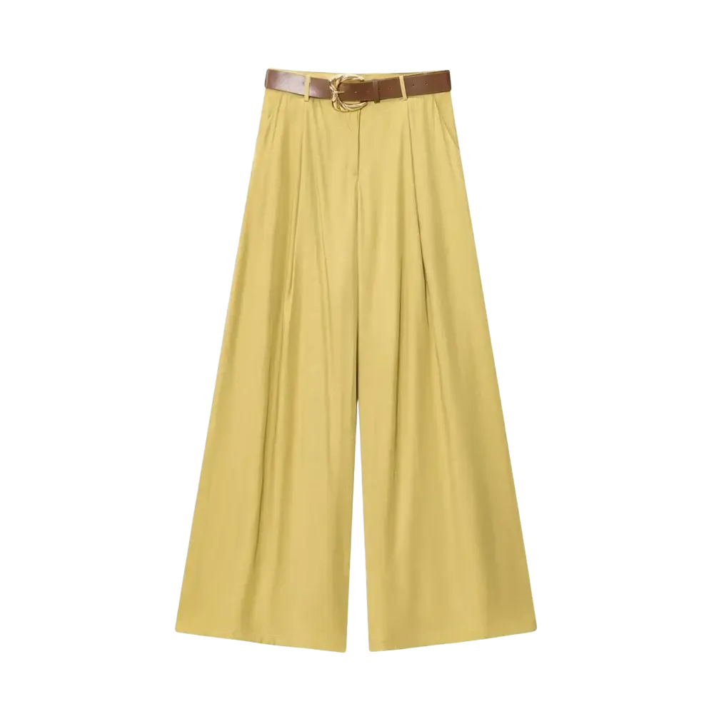 Yellow wide leg pants for women featuring a brown leather belt with a gold toned buckle