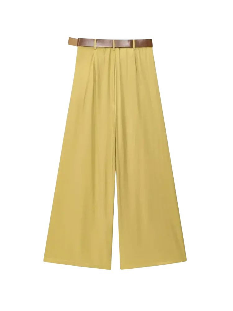 Yellow wide leg pants for women featuring a brown belt designed for a stylish and comfortable fit