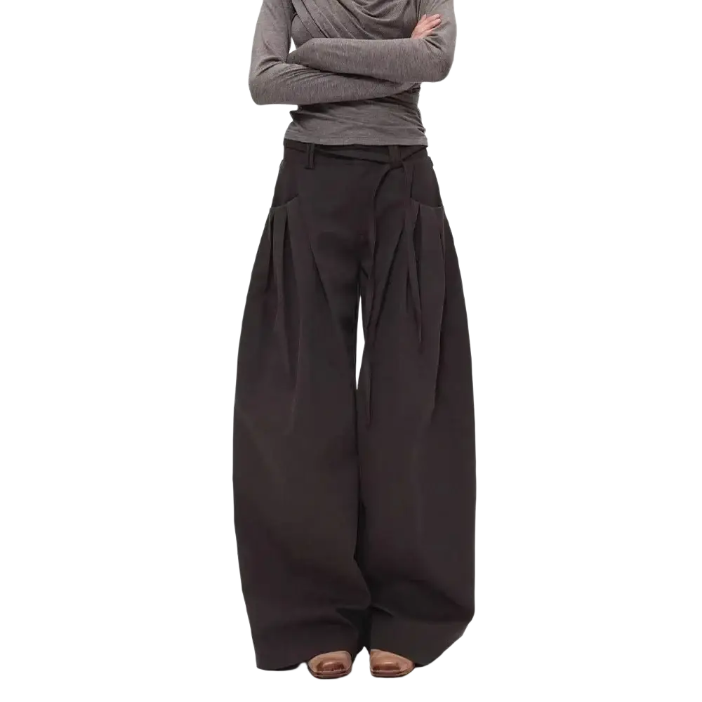 Black wide leg pants with high waist and pleated flowing design offering elegant and comfortable wear