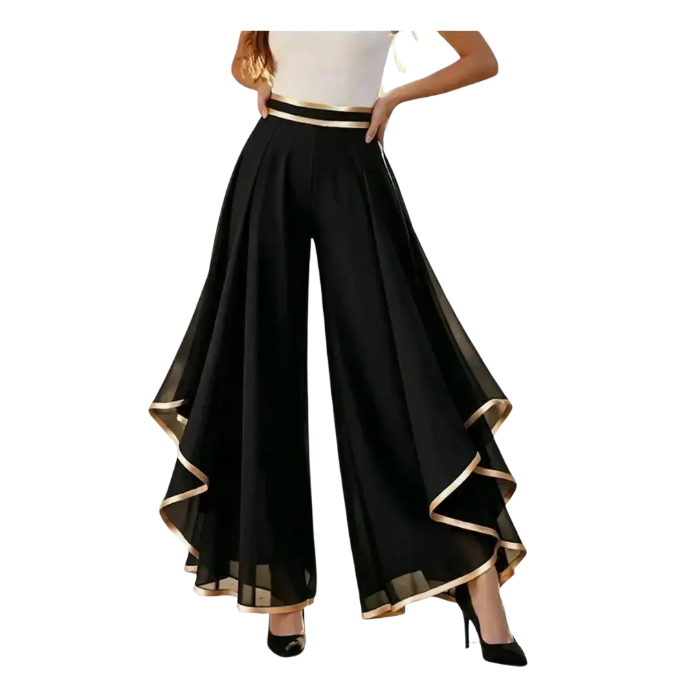 Black chiffon wide leg pants with high waist gold trim along waistband and layered hem perfect for summer wear