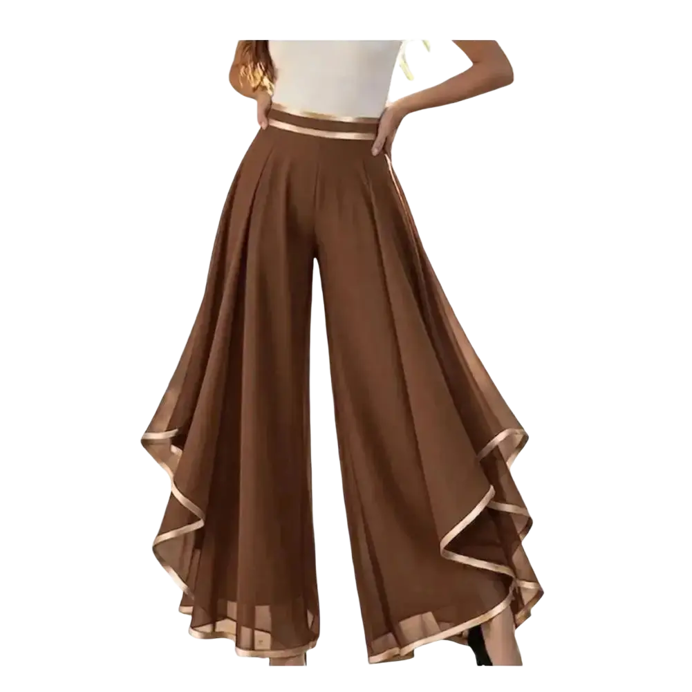 Brown chiffon wide leg pants with high waist, flowing sheer fabric, and gold trim on waistband and hem